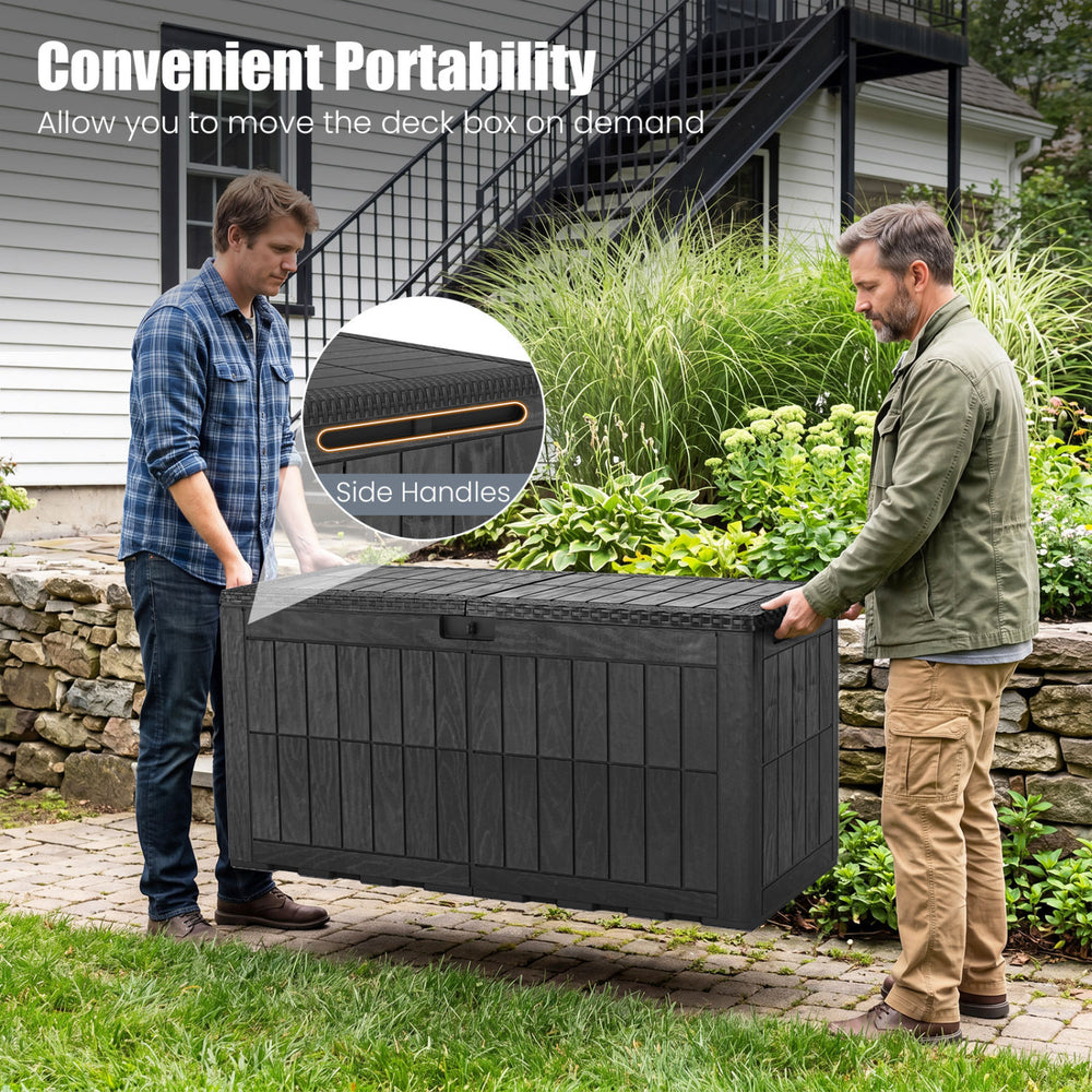 Black waterproof lockable outdoor deck box with side handles, ideal for storing tools and cushions in your garden.