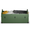 Spacious waterproof outdoor storage box in green, featuring a ventilated window and 174-gallon capacity for gardening.