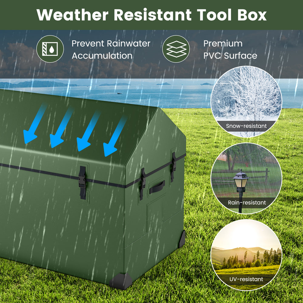 Weather-resistant outdoor storage box in green with a ventilated window, 174-gallon capacity for gardening essentials.