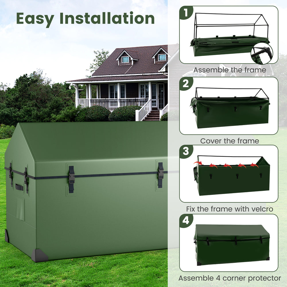 Waterproof outdoor storage box in green with ventilated window, 174-gallon capacity, and easy installation features.