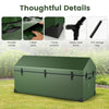 Detail of the waterproof outdoor storage box in green, showcasing corner protectors and a portable handle for stability.