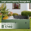 Waterproof outdoor storage box in green with a 174-gallon capacity, featuring a ventilated window for tool organization.