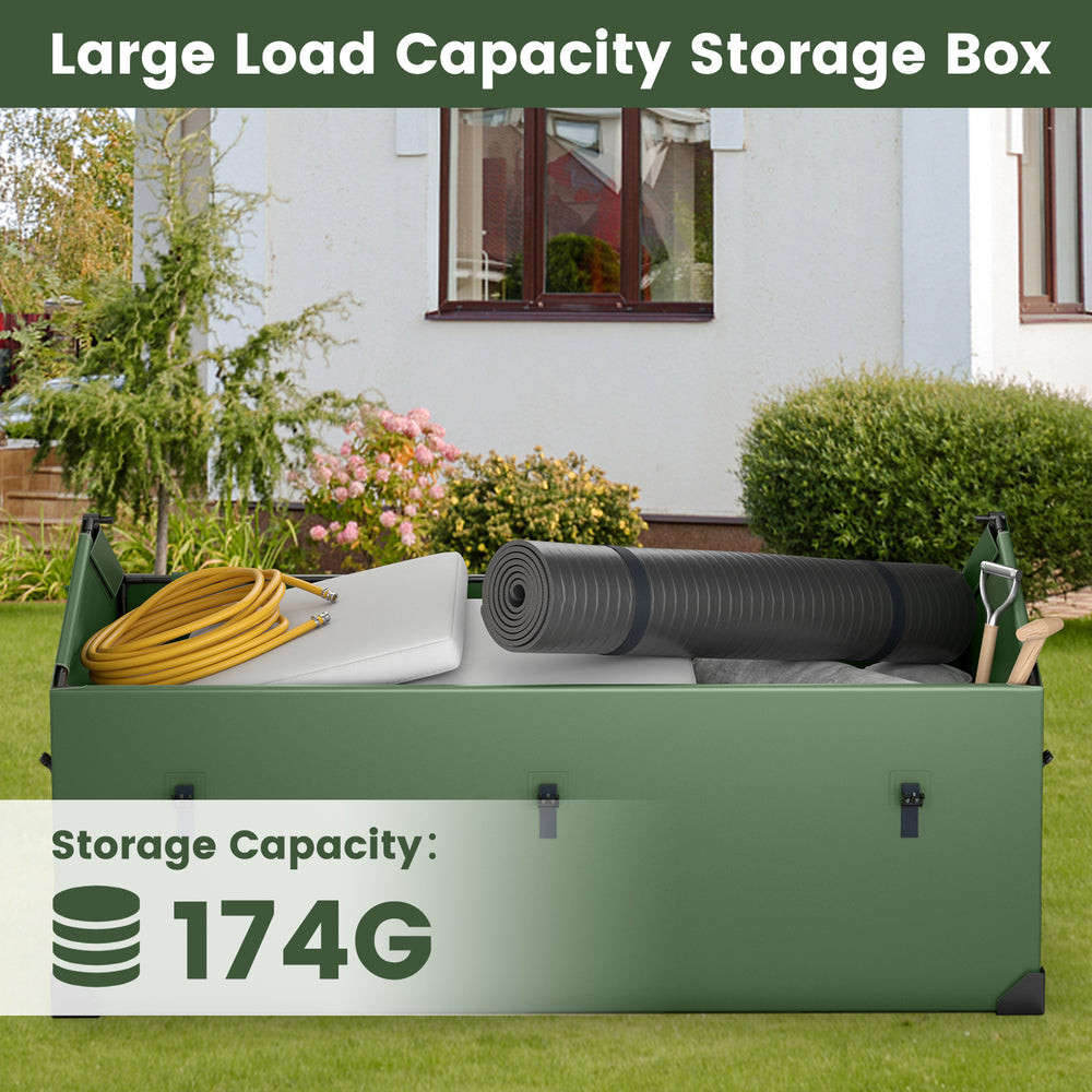 Waterproof outdoor storage box in green with a 174-gallon capacity, featuring a ventilated window for tool organization.