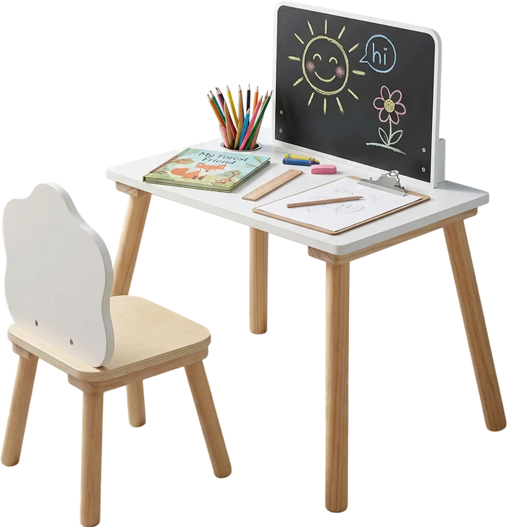 Weaning table features a chalkboard and solid pine wood legs, complemented by a cute chair with a comfortable backrest.