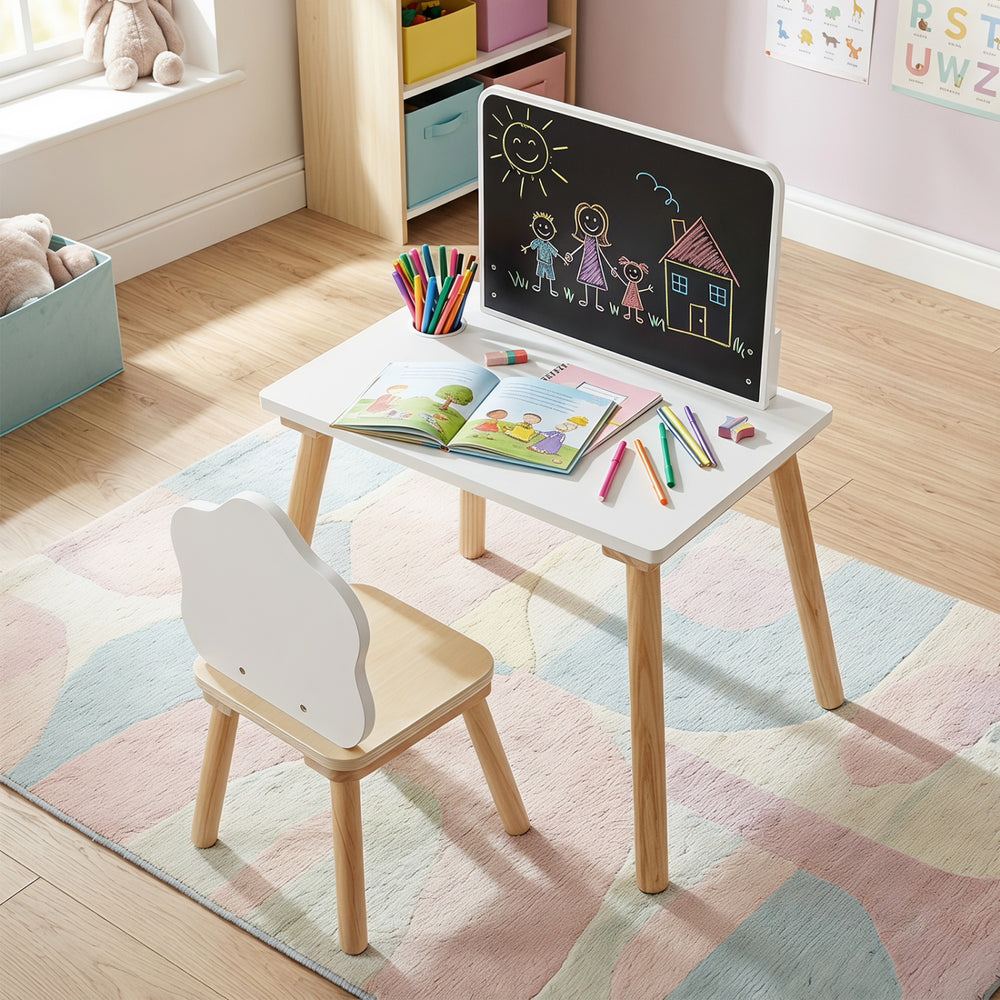 Weaning table and chair set with chalkboard, solid pine legs, and integrated storage, perfect for kids' playtime and drawing.