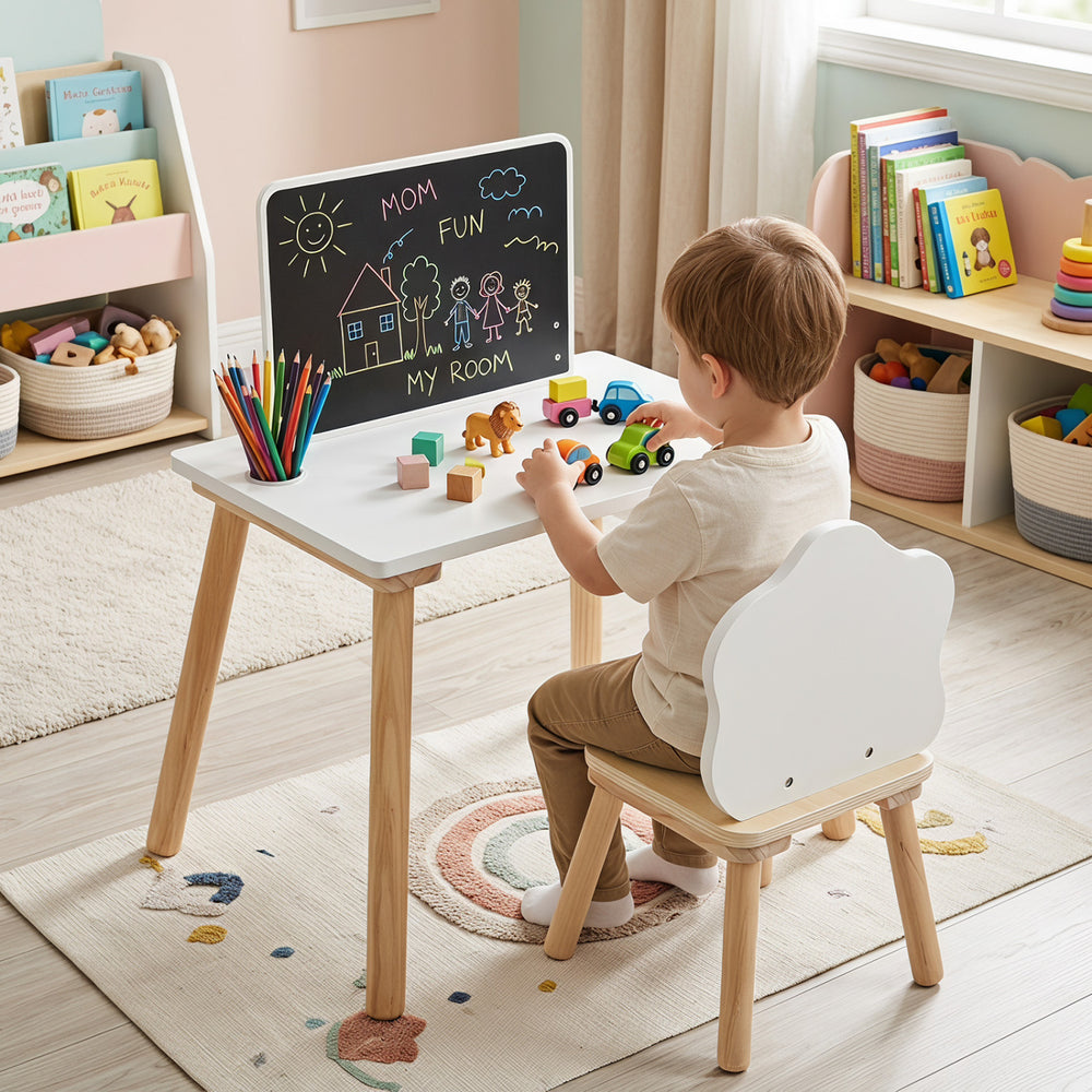 Weaning table and chair set with chalkboard, solid pine legs, and rounded corners, perfect for kids' playtime and creativity.