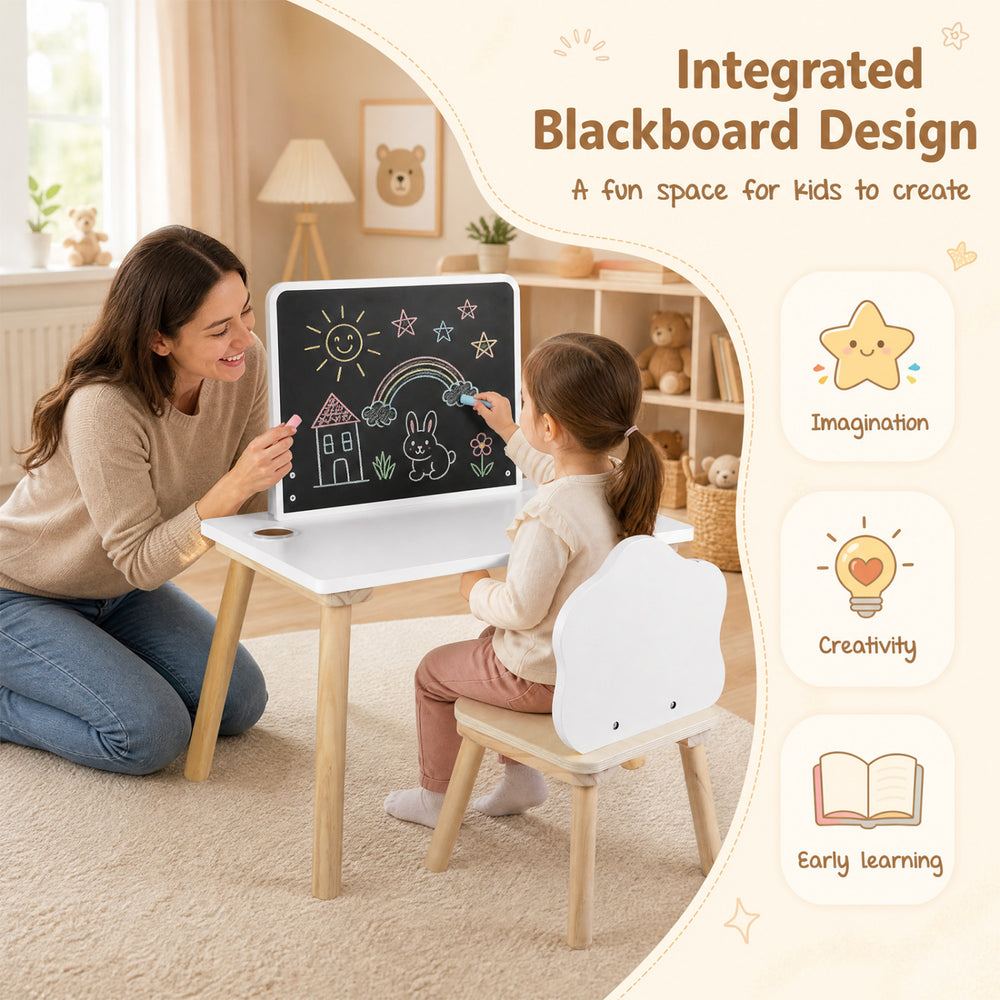 Weaning table and chair set with integrated blackboard, solid pine wood legs, perfect for kids' creativity and learning.