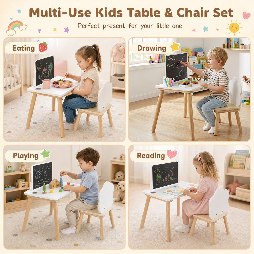 Multi-use kids table and chair set with blackboard, solid pine wood legs, ideal for eating, drawing, and playing.