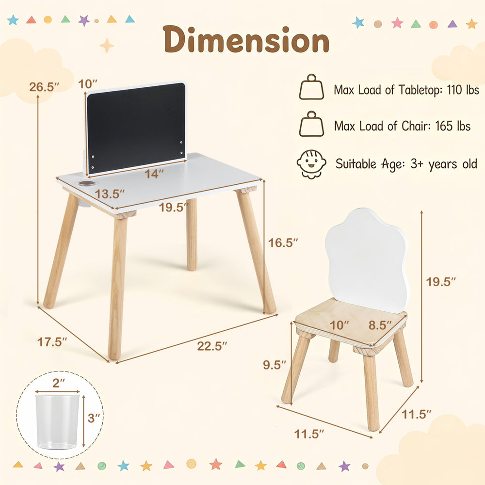 Weaning table and chair set with chalkboard, solid pine wood legs, and integrated brush pot for kids' creative activities.
