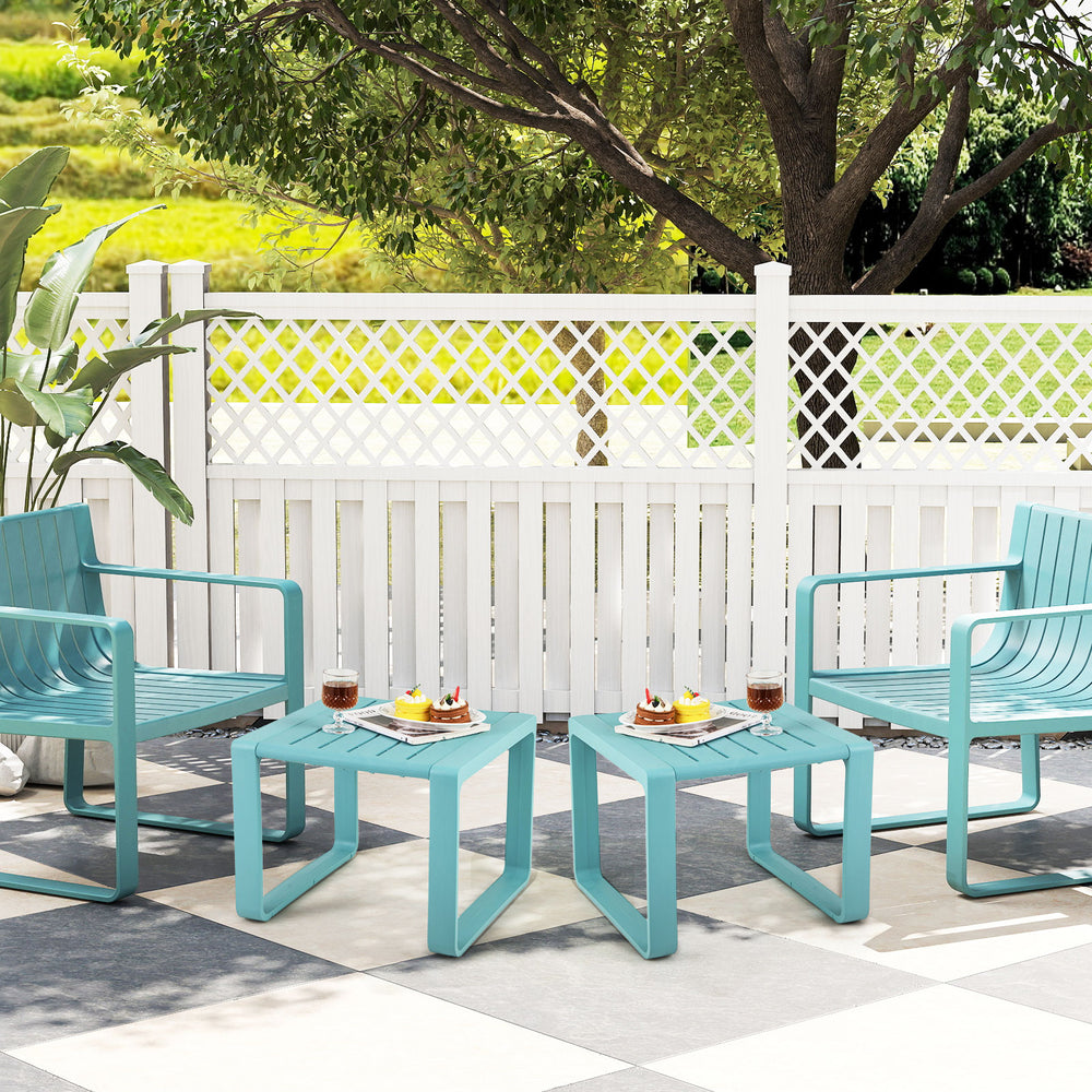 Blue weather-resistant Adirondack side table set of 2, featuring slatted design, ideal for outdoor patios or porches.