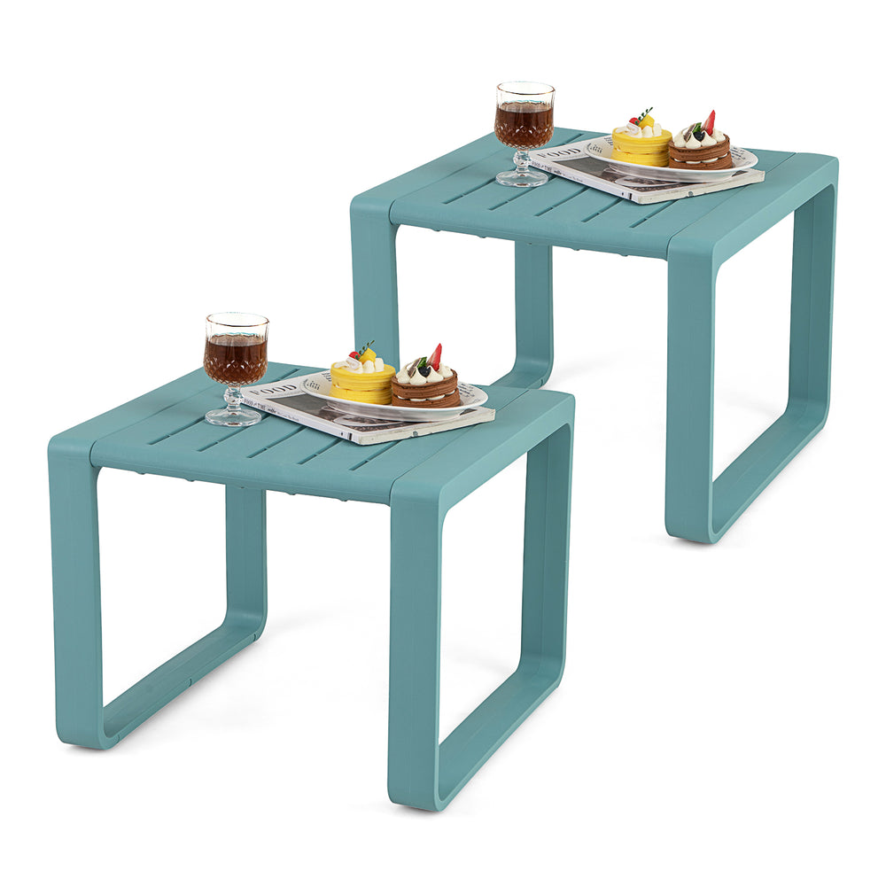 Set of 2 blue weather-resistant Adirondack side tables with slatted design, perfect for outdoor or indoor use.