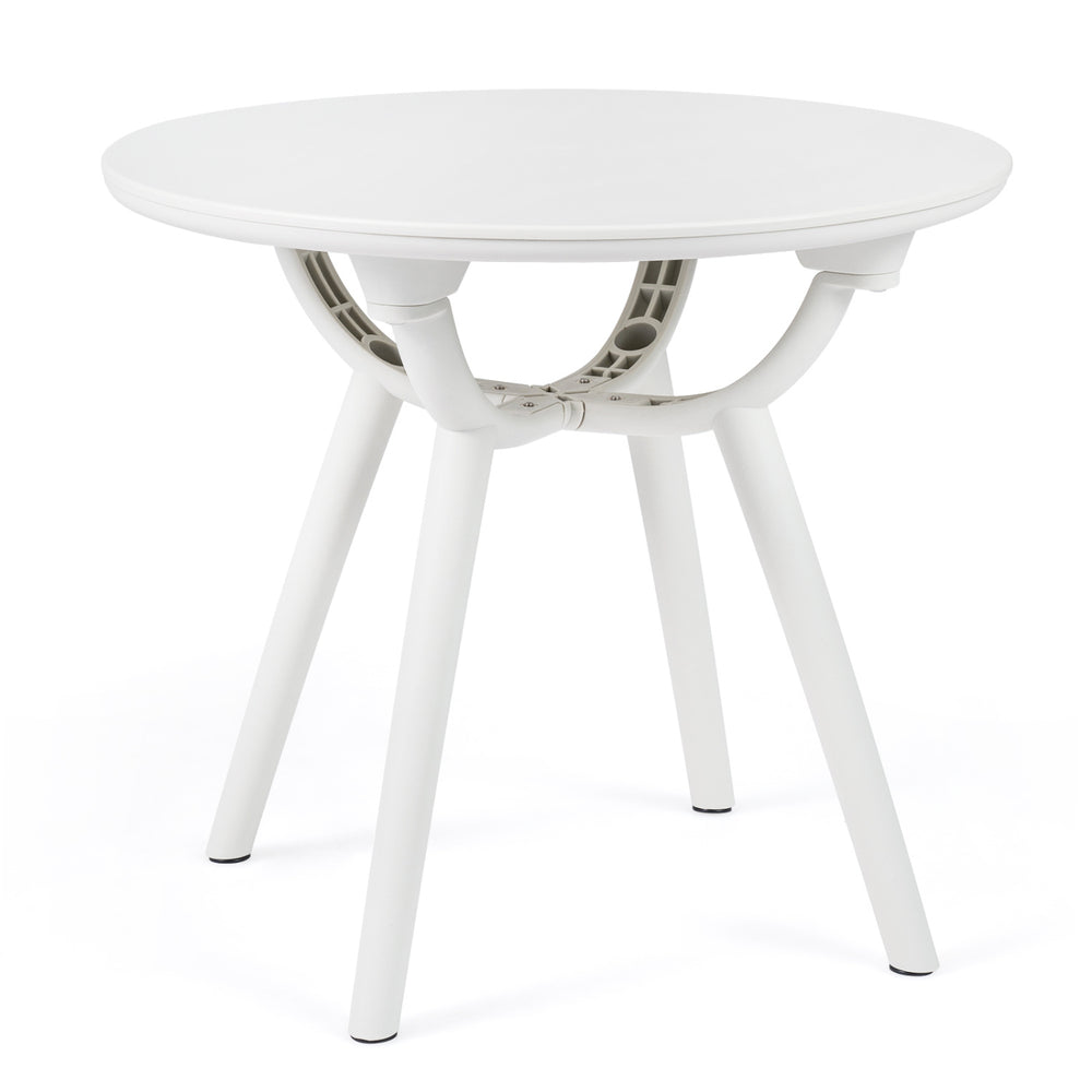 White circular small end table with a 20" round tabletop, crafted from weather-resistant PP and ABS for poolside use.