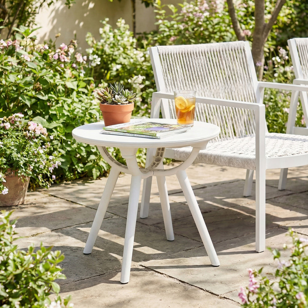 White circular small end table with a 20" round tabletop, perfect for poolside or balcony use, featuring sturdy.