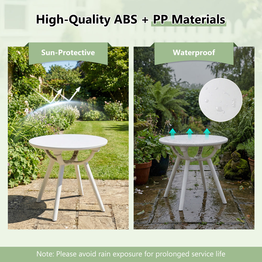 Weather-resistant circular small end table with a 20" round tabletop, made from sun-protective and waterproof materials.