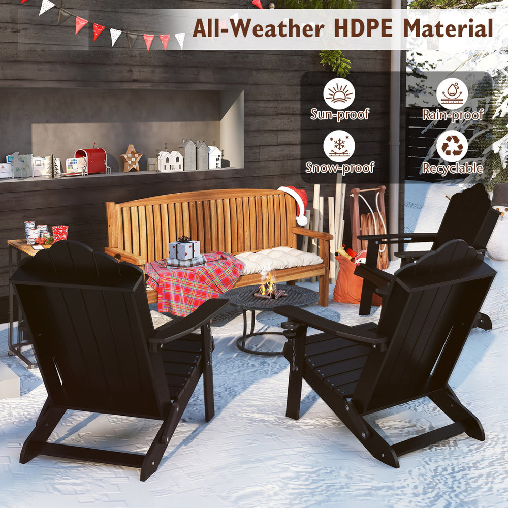 Black HDPE folding Adirondack chair with high backrest and cup holder, perfect for backyard relaxation and all-weather use.