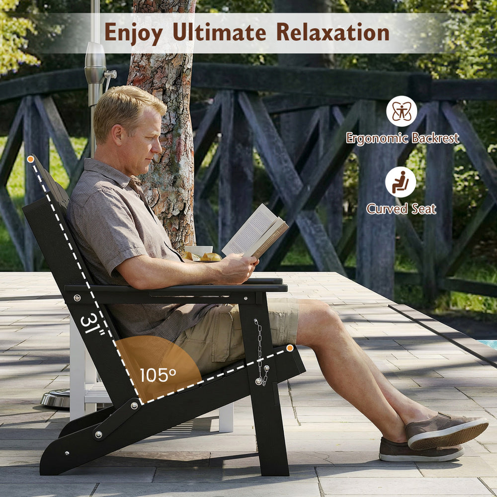 Black HDPE folding Adirondack chair with high backrest and cup holder, perfect for backyard relaxation and comfort.