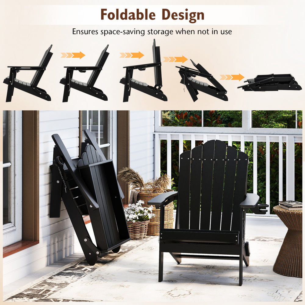 Black HDPE folding Adirondack chair with high backrest and wide armrests, perfect for backyard relaxation and easy storage.