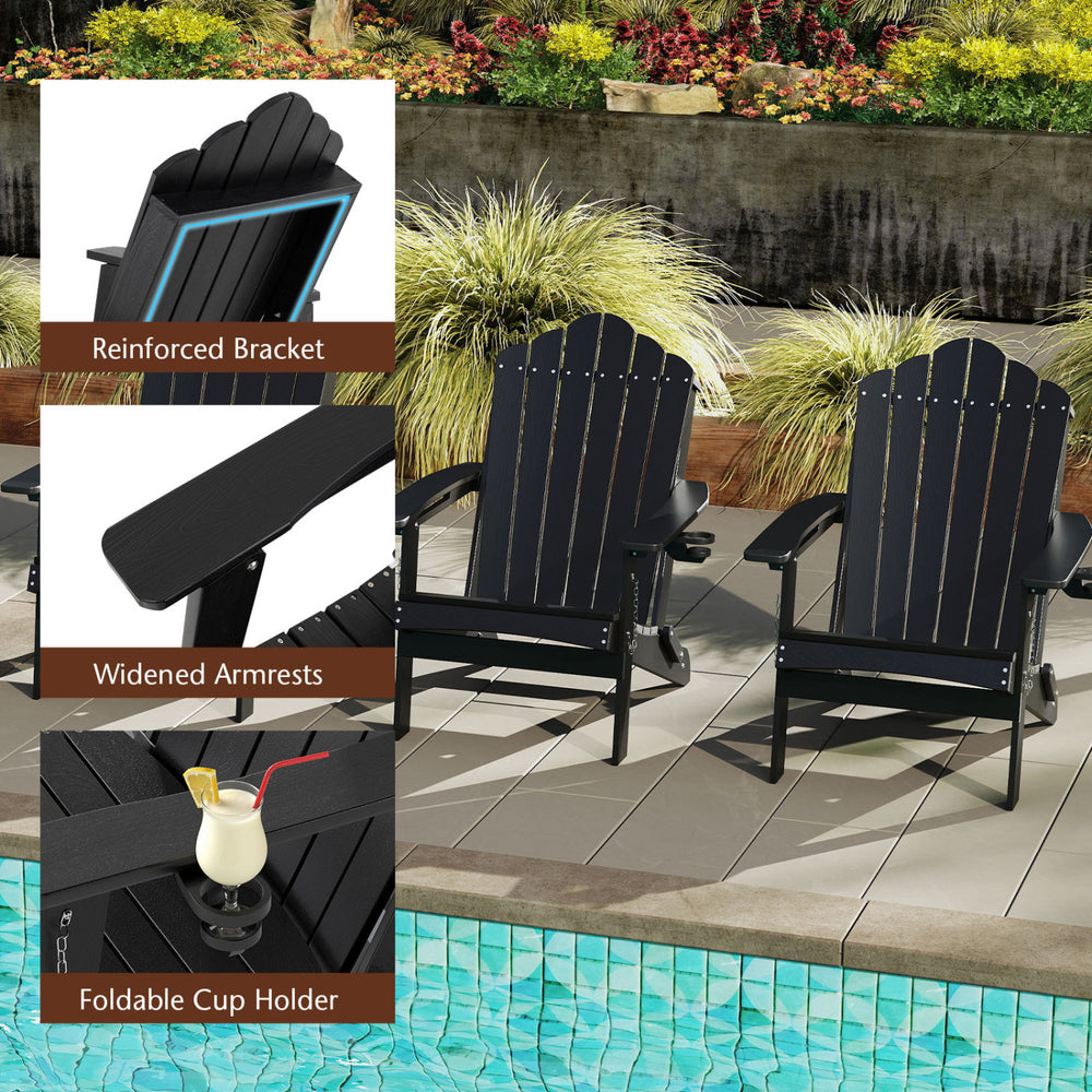 Black HDPE folding Adirondack chair with high backrest and wide armrests, perfect for backyard relaxation and portability.