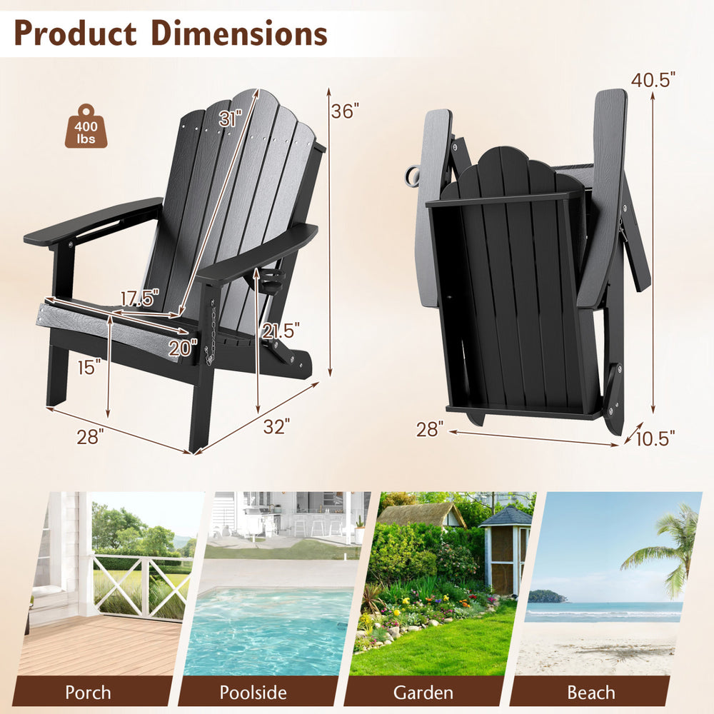Folding Adirondack chair in black with high backrest and built-in cup holder, ideal for backyard relaxation and portability.
