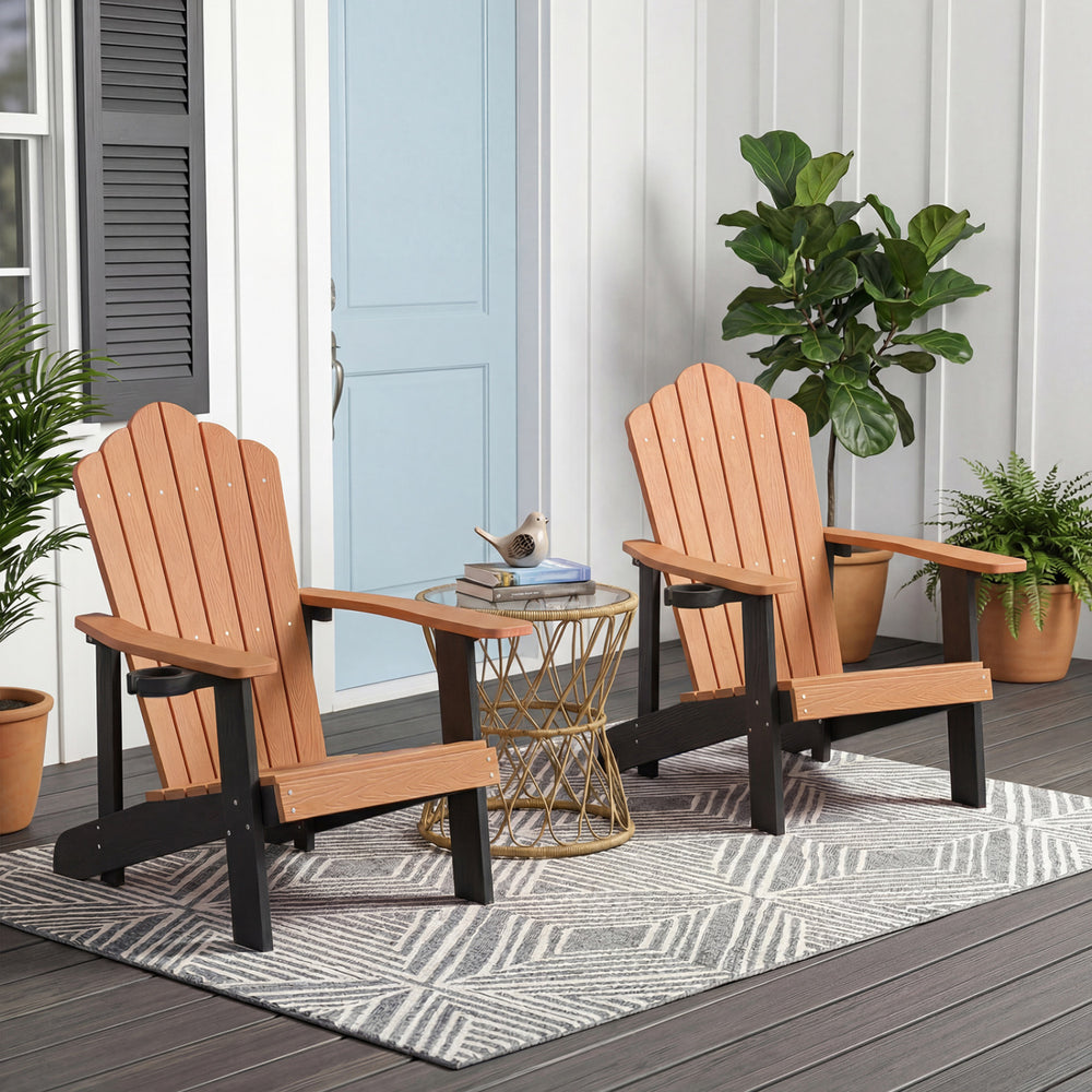 Weather Resistant HIPS Outdoor Adirondack Chair with Cup Holder-Brown - Gallery View 1 of 10