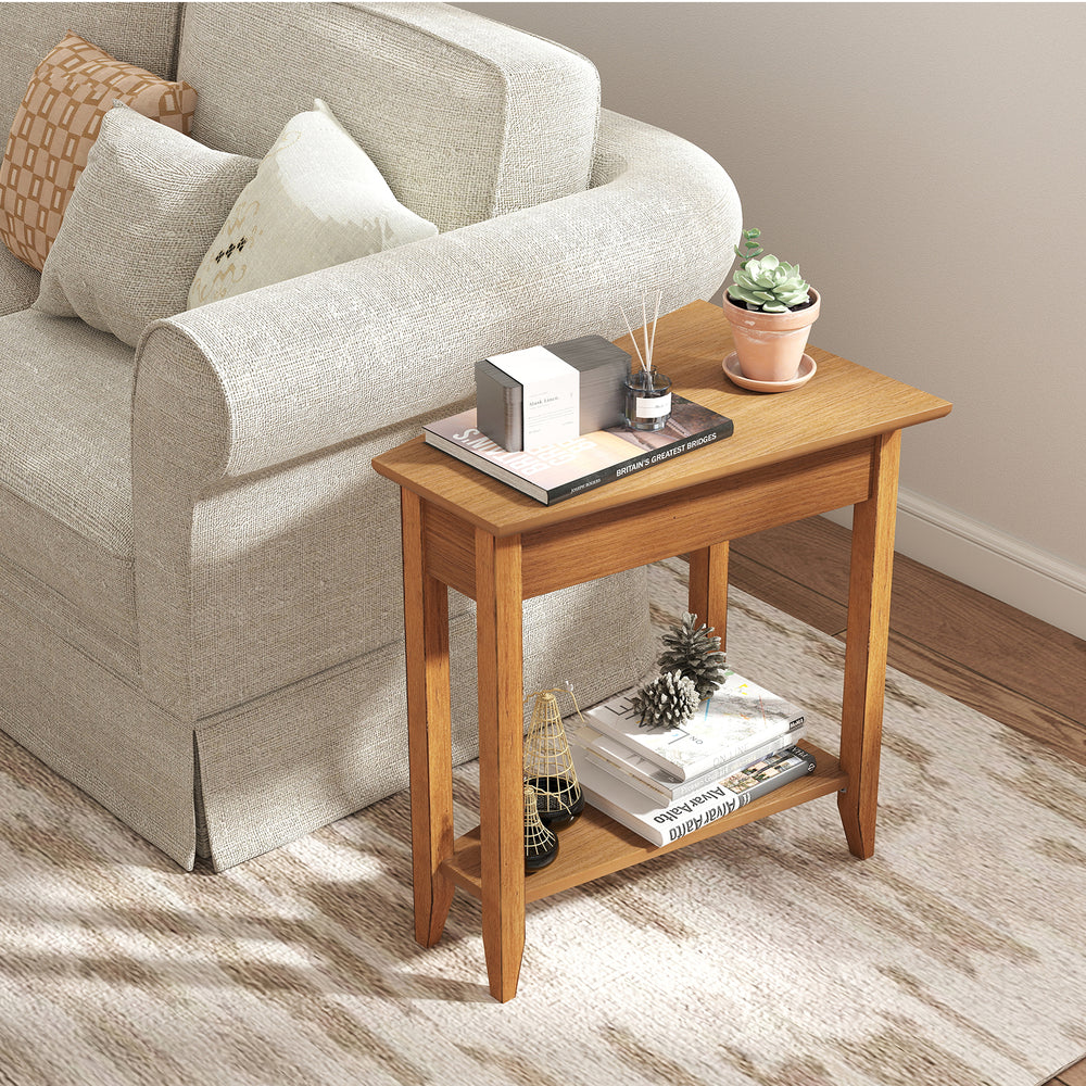 Narrow 2-tier end table in walnut with solid wood legs, perfect for small spaces in living rooms or bedrooms.
