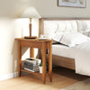 Compact walnut wedge end table with solid wood legs, featuring a stylish design and bottom shelf for organized storage.