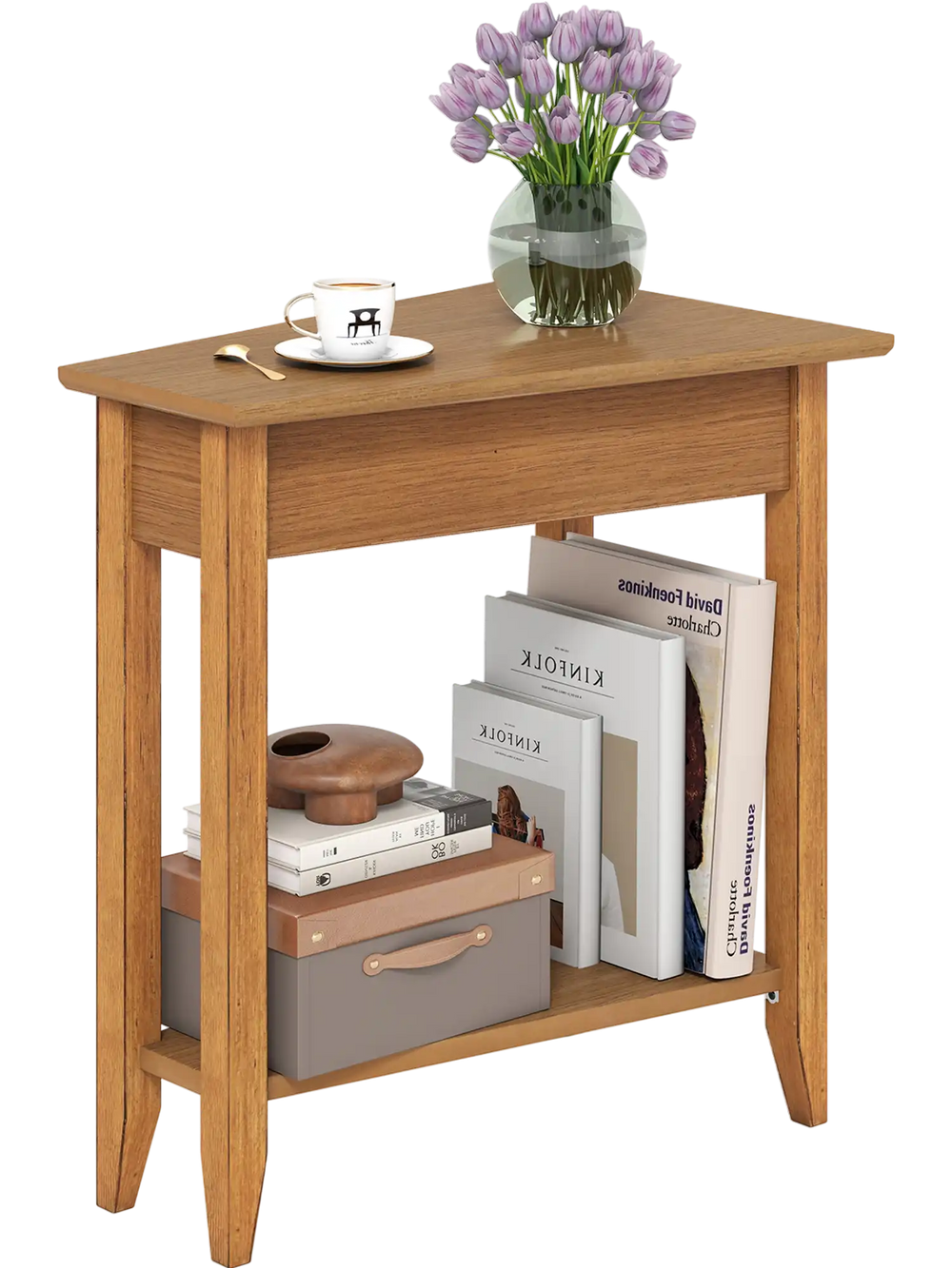 Narrow 2-tier end table in walnut with solid wood legs, featuring a storage shelf for organized living spaces.