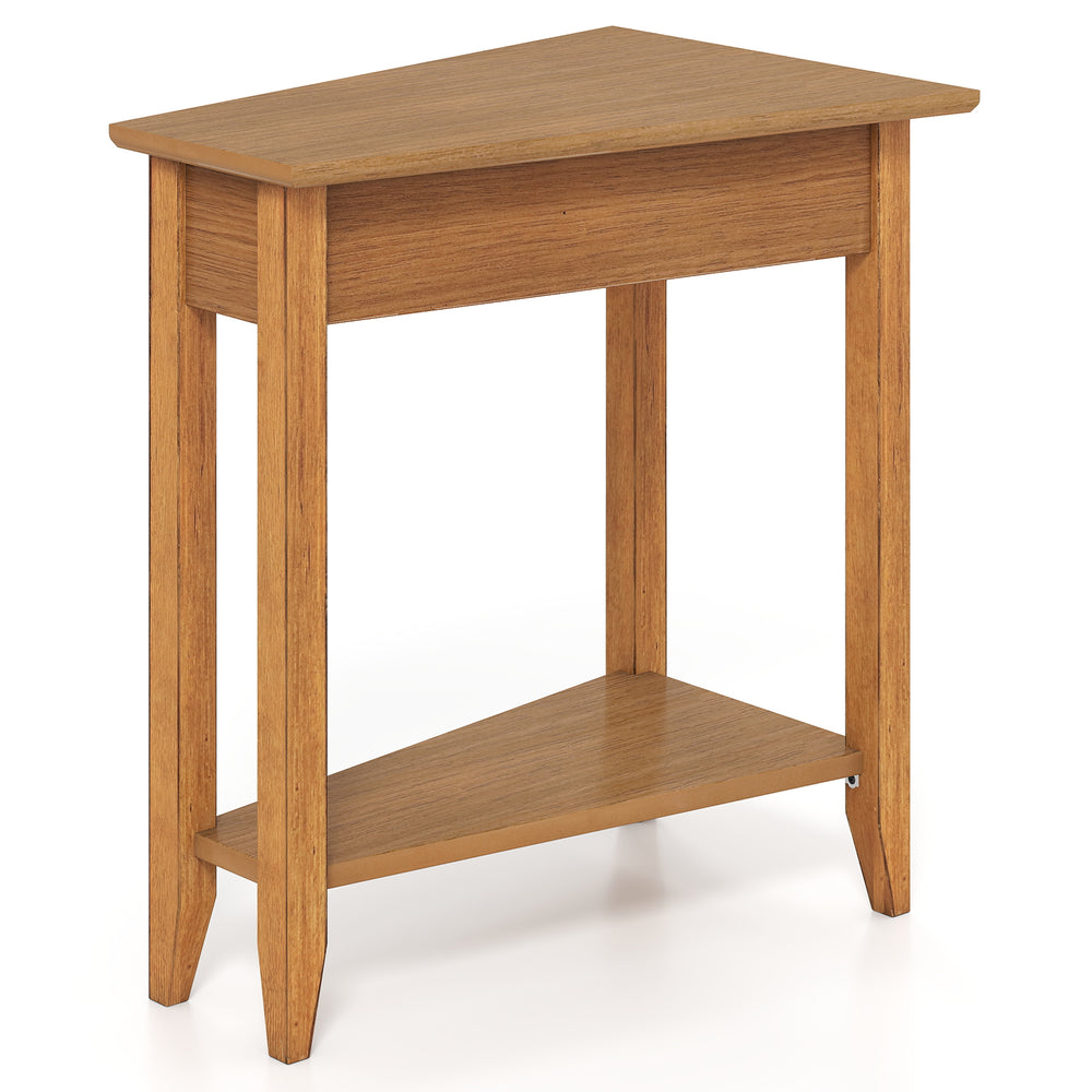 Wedge narrow end table in walnut with solid rubber wood legs, featuring a wide tabletop and bottom storage shelf.