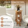 Wedge end table with walnut finish, solid rubber wood legs, and storage shelf, perfect for small spaces in any room.