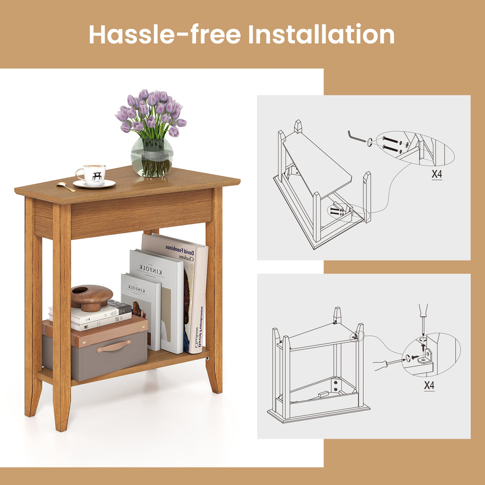 2-tier wedge narrow end table in walnut with solid wood legs, featuring a wide tabletop and storage shelf for small.