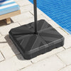 Weighted offset umbrella base with cross bracket, fillable design, and cut-out handles for easy movement by the pool.