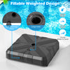 Weighted offset umbrella base showing fillable design, large inlet, and side drainage hole for easy stabilization.