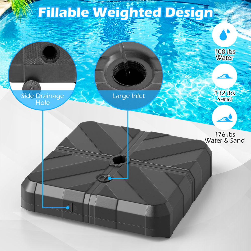 Weighted offset umbrella base showing fillable design, large inlet, and side drainage hole for easy stabilization.
