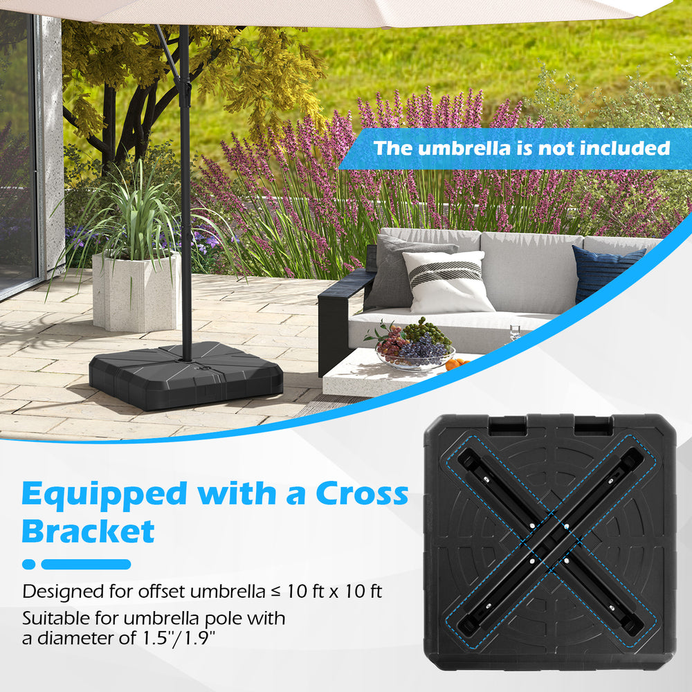 Weighted offset umbrella base with cross bracket, designed for umbrellas up to 10 ft, featuring fillable HDPE.