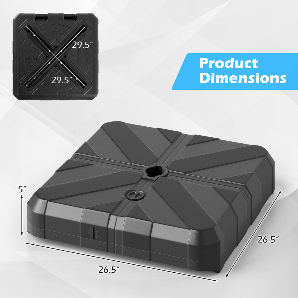 Weighted offset umbrella base with cross bracket, 29.5" x 26.5", designed for stability and easy movement.