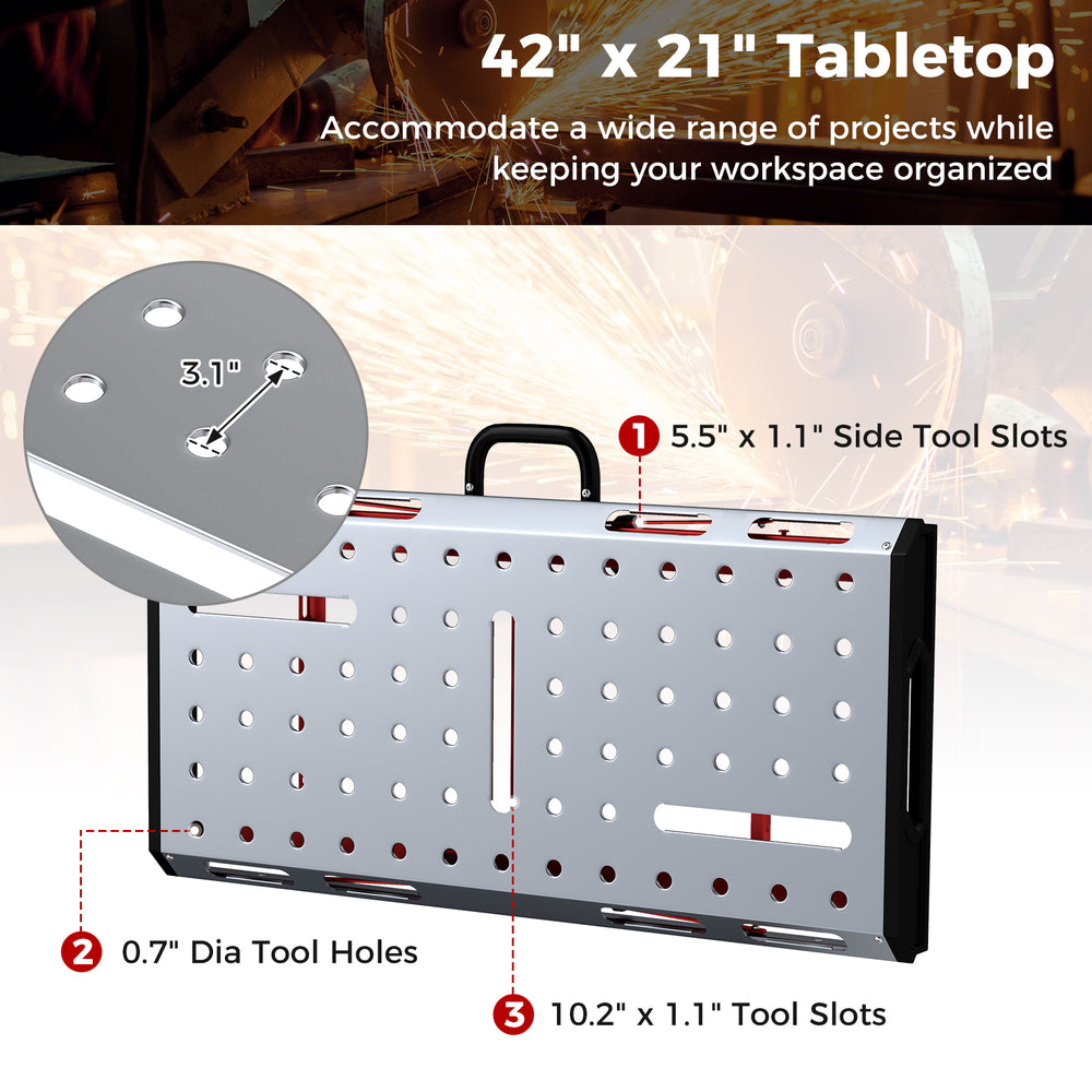 Welding table with 42" x 21" galvanized metal top, adjustable height, and side tool slots for organized workspace.