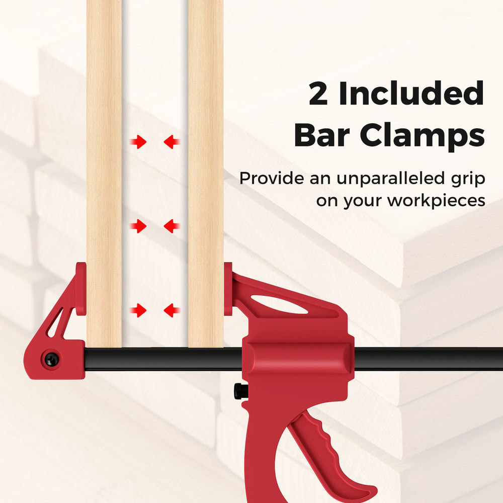 Close-up of the 2 included bar clamps on a welding table, providing an unparalleled grip on workpieces.