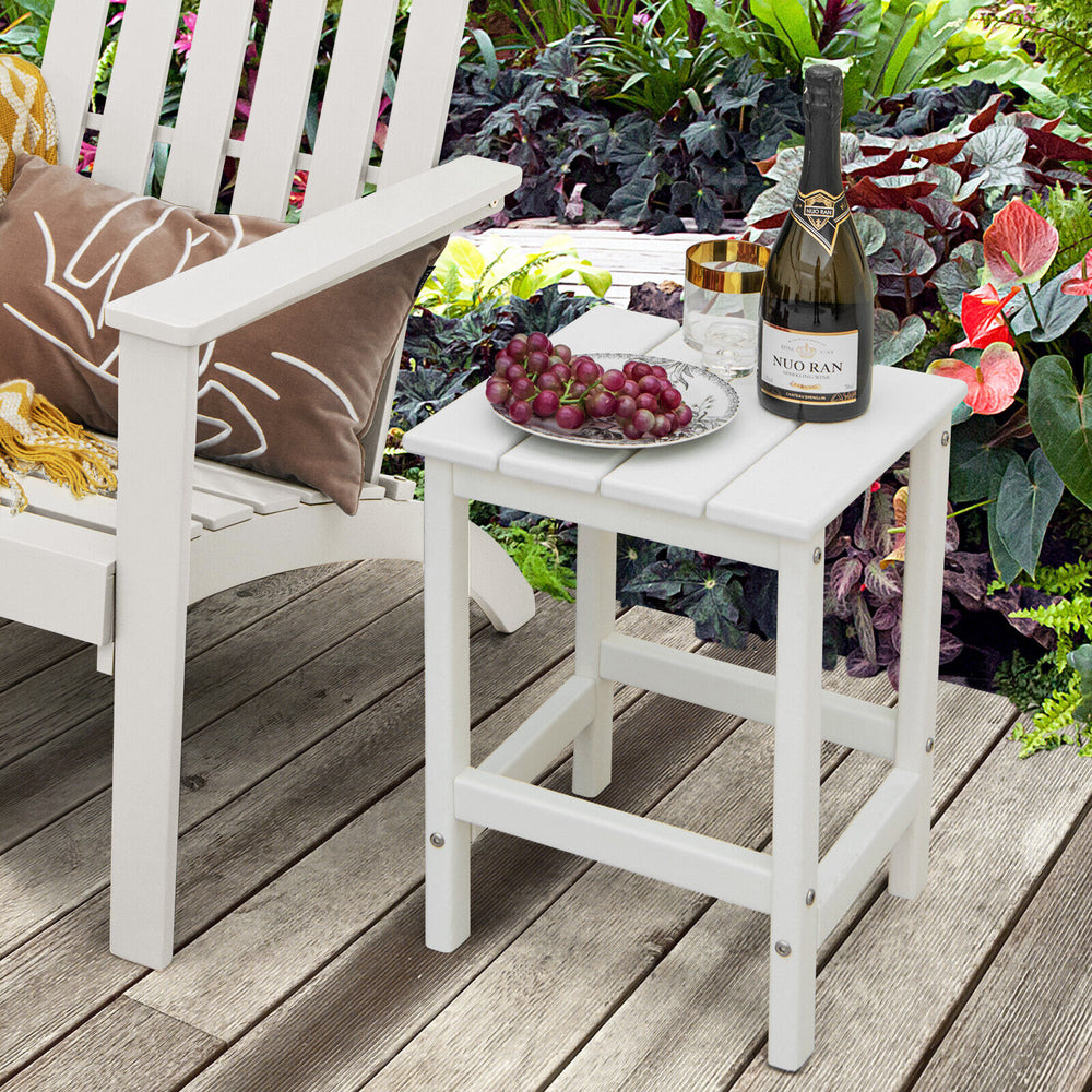 White 14-inch square weather-resistant Adirondack side table with slatted top, perfect for outdoor use and easy.