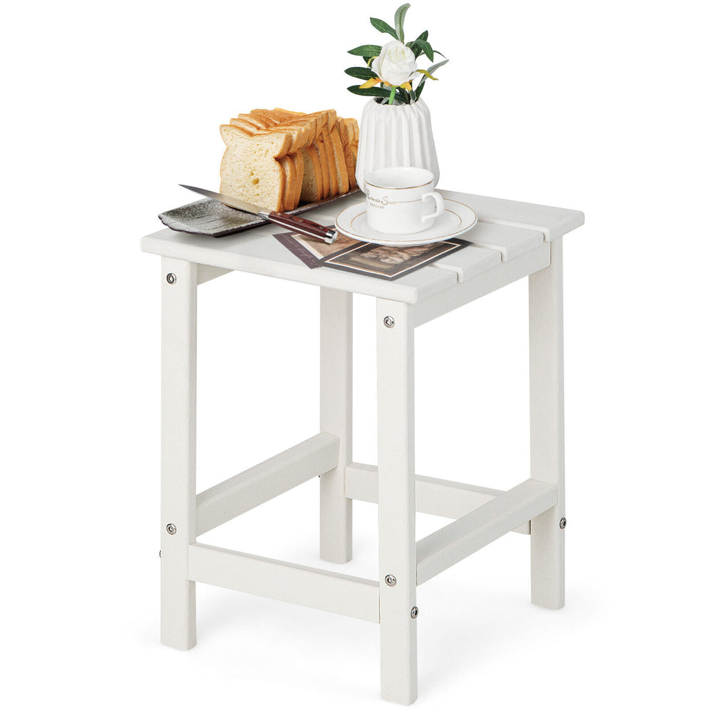 Square white Adirondack side table made of weather-resistant HDPE, perfect for outdoor use and easy to maintain.