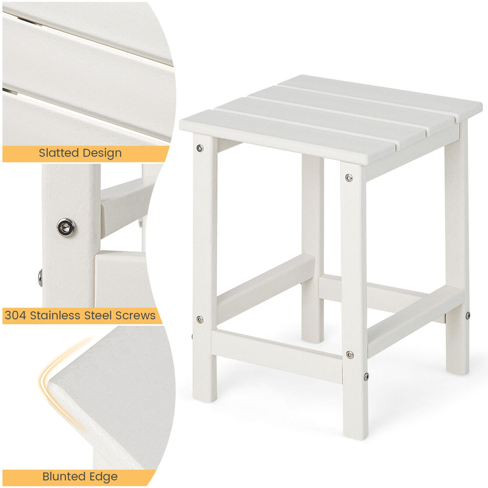 Square white Adirondack side table featuring slatted design, waterproof HDPE material, and 304 stainless steel screws.