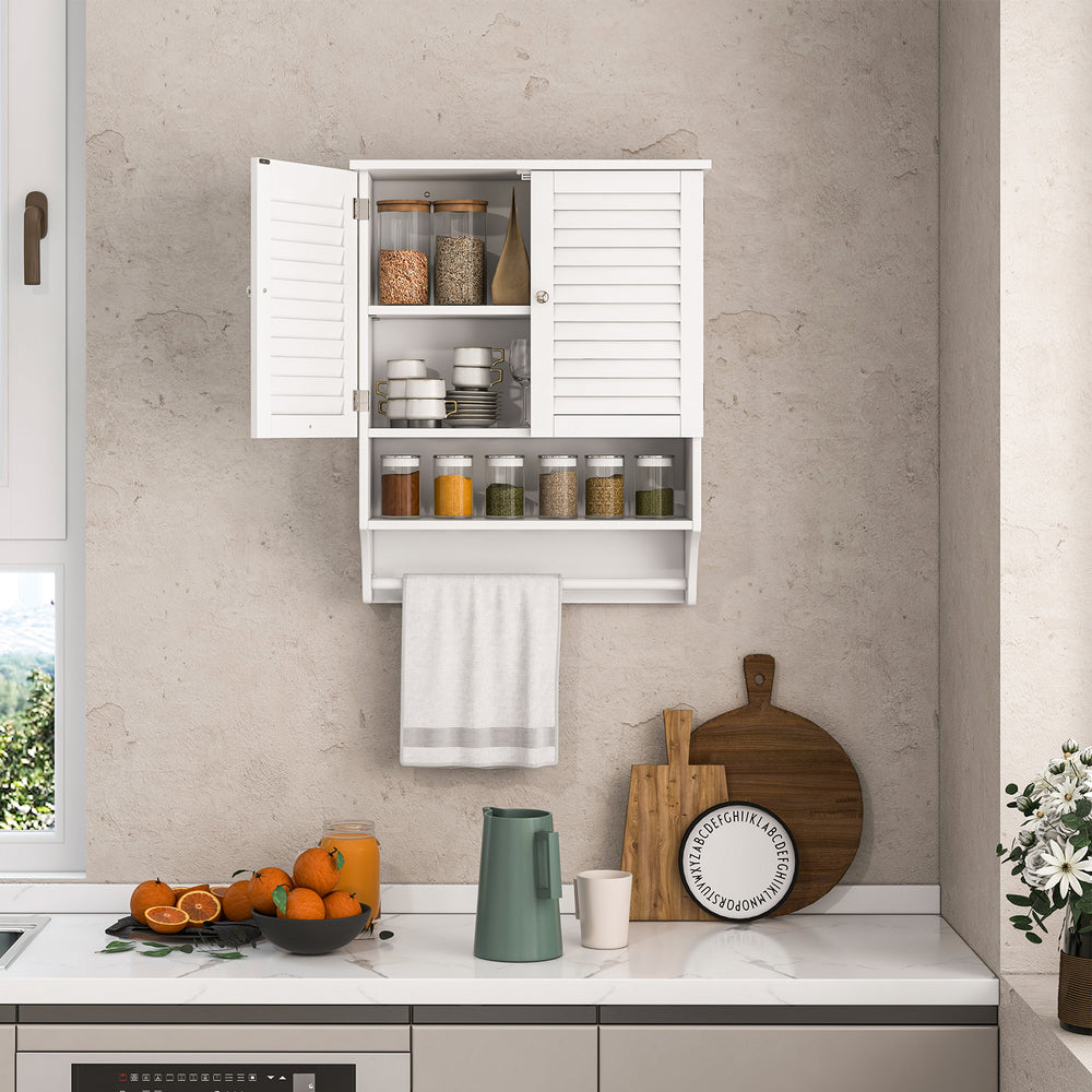 Wall-mounted white bathroom cabinet with louvered doors, adjustable shelves, and towel bar for organized storage.
