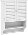 White wall-mounted medicine cabinet with louvered doors, adjustable shelves, and bottom towel bar for efficient.
