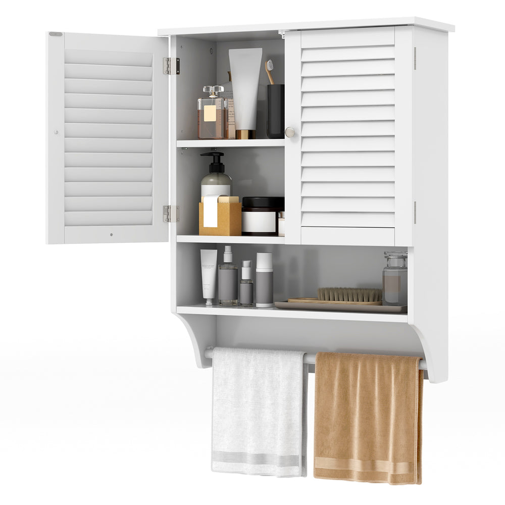 White wall-mounted medicine cabinet with louvered doors, adjustable shelves, and towel bar for organized bathroom.