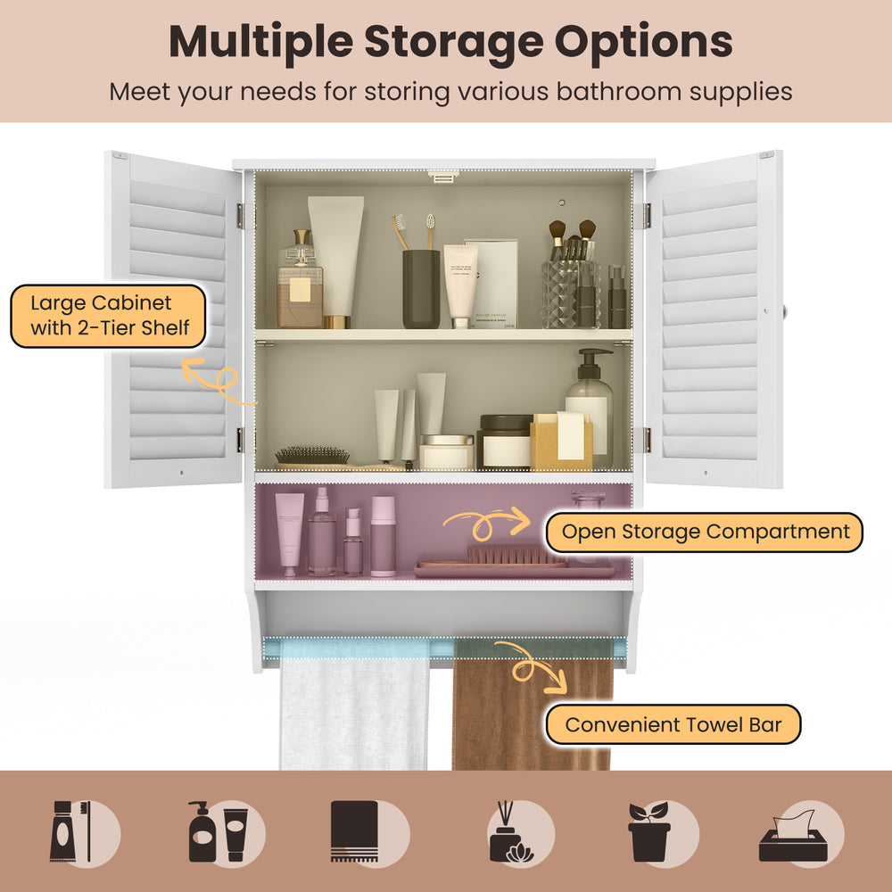Open storage compartment of the white wall-mounted medicine cabinet, showcasing various bathroom supplies for easy.