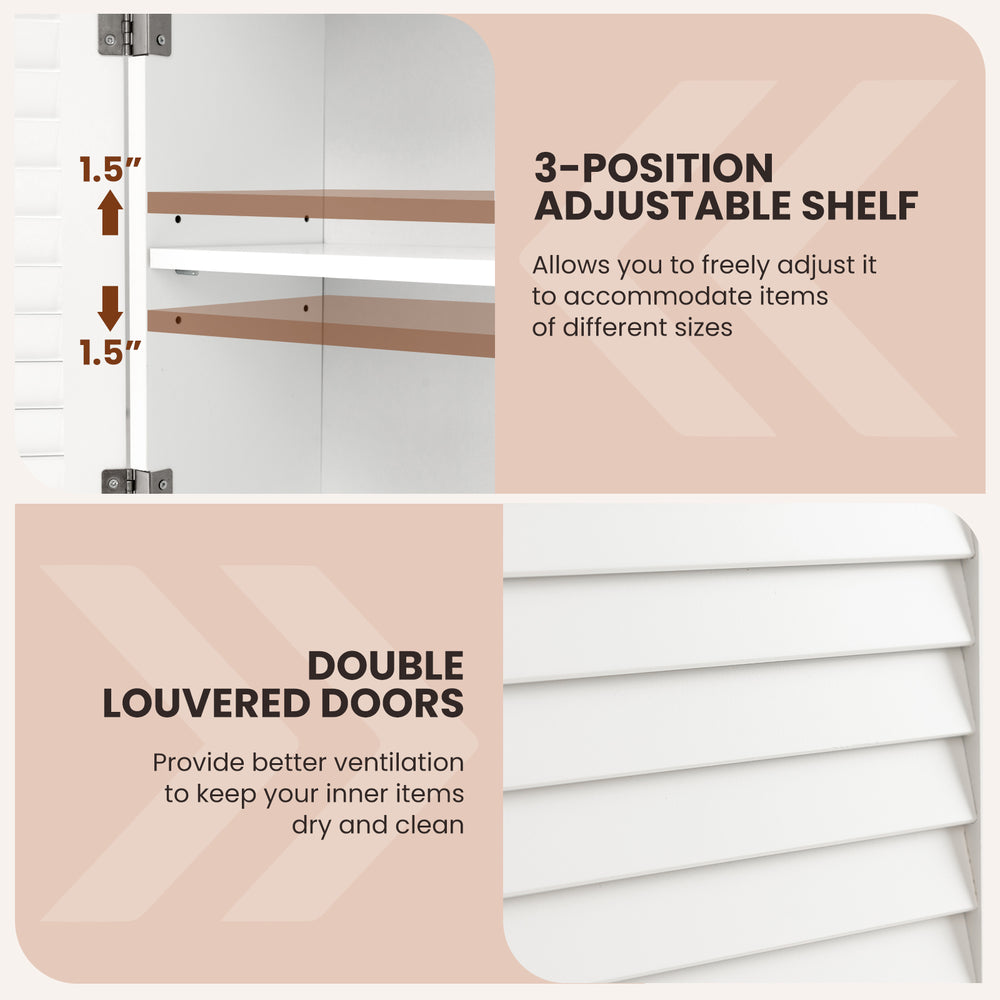Adjustable shelf and louvered doors of the white wall-mounted medicine cabinet for efficient bathroom storage.