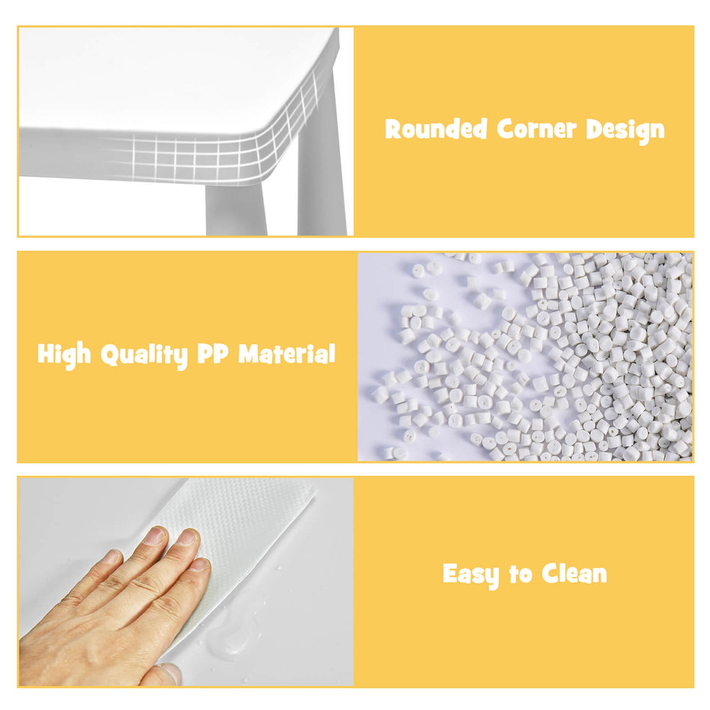 Detail of the rounded corner design on the white kids' table, made from high-quality PP material for safety and easy.