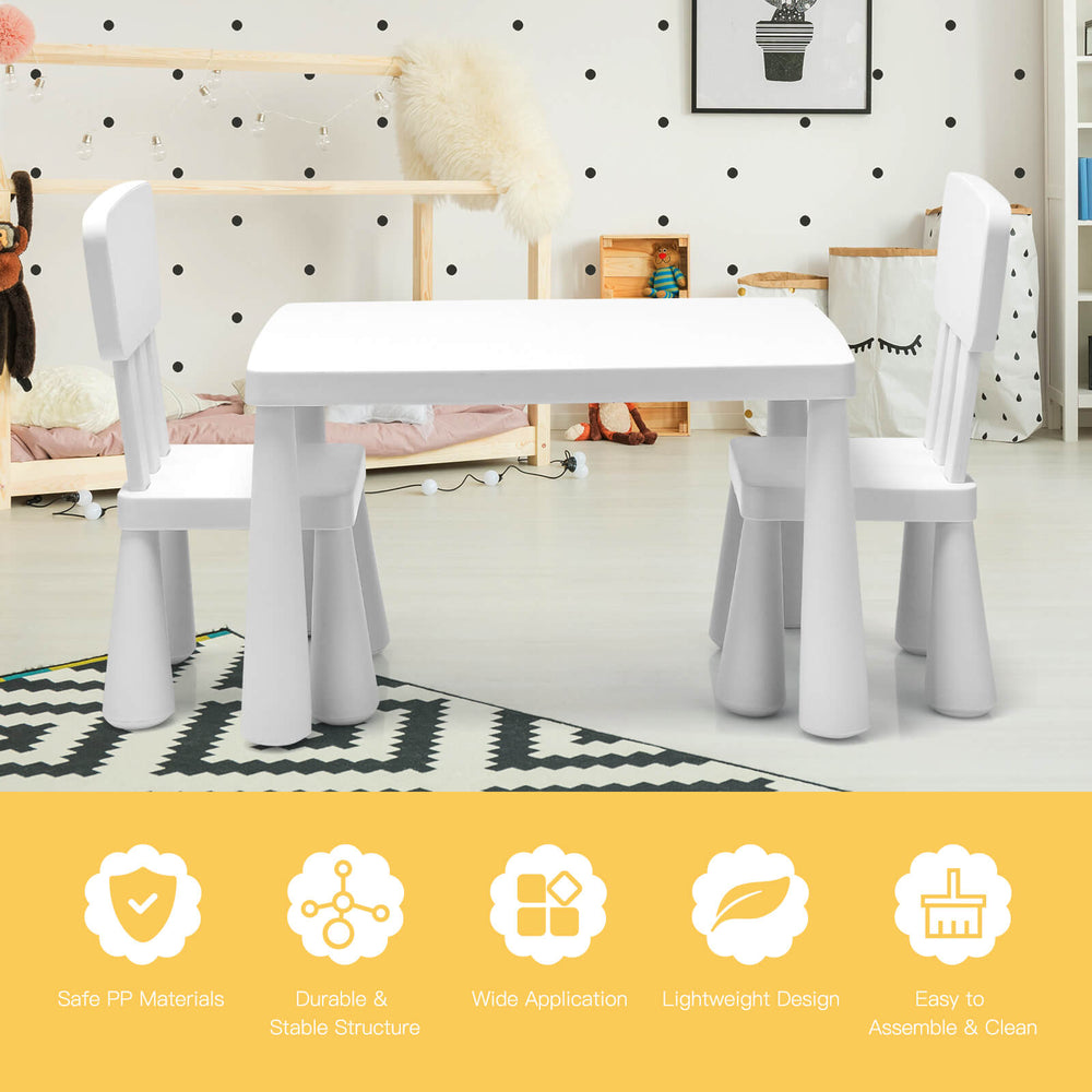 Toddler multi-activity table and chair set in white, made from safe PP materials, perfect for play and study.