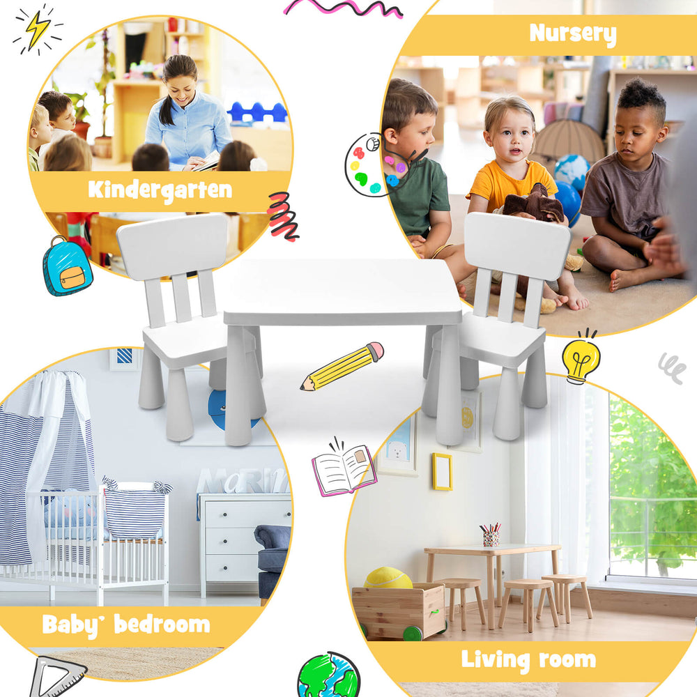 White 3-piece toddler table and chair set for kids, ideal for study, snacks, and arts in nursery or playroom.