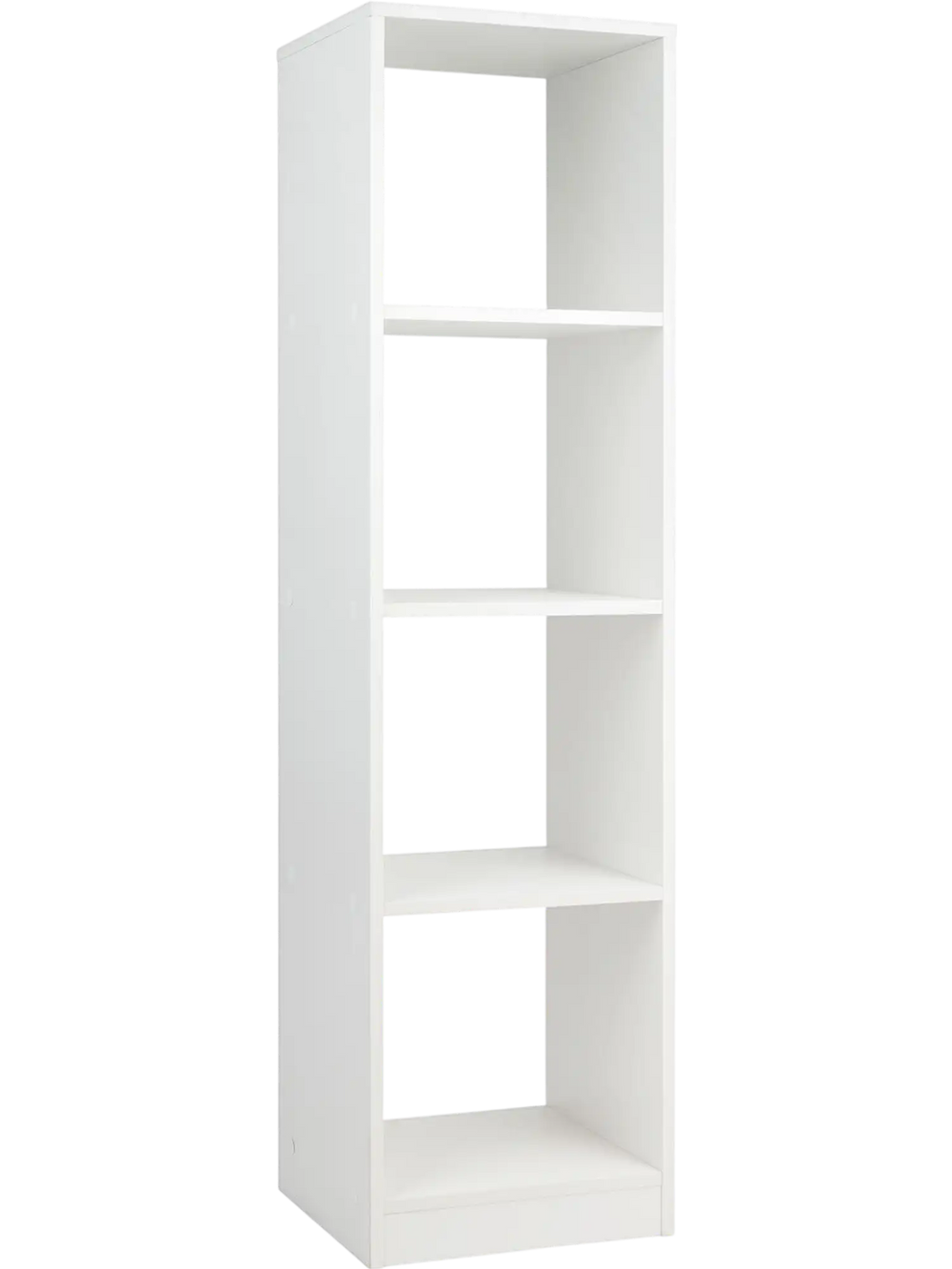 Narrow 5-tier white bookshelf with 4 open cubes, anti-tipping kits, and durable scratch-resistant surface for small.