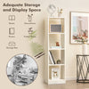 Tall white 5-tier bookshelf with 4 open cubes, ideal for storage and display in small rooms.